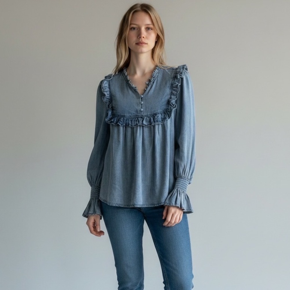 Mint Velvet Blue Lyocell Ruffle Bib Blouse Smocked Cuff Balloon Sleeve Medium